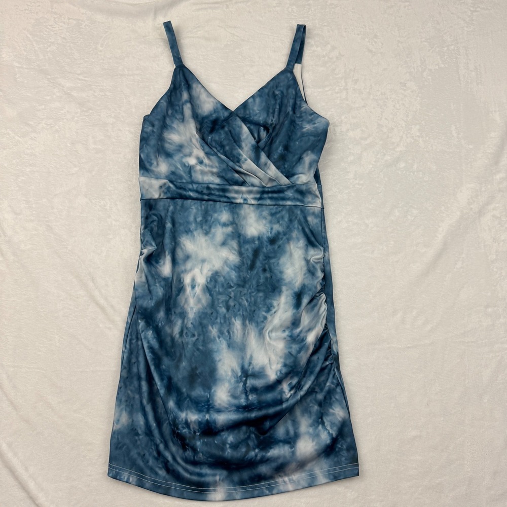 Curlbiuty Blue Tie Dye Ruched Bodycon Mini Dress‎ Surplice V-Neck Medium